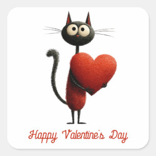 Zwarte Vintage Kat Met Hart Valentijnsdag Vierkante Sticker