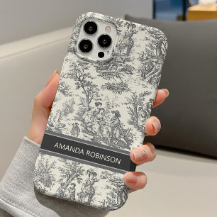 Zwarte vintage toile de jouy print iPhone 16 hoesje
