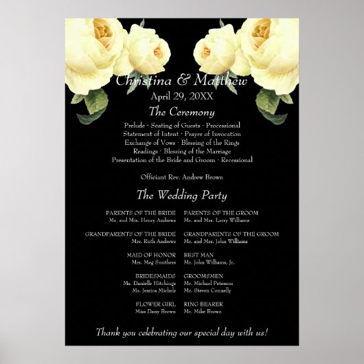 Zwarte vintage trouwceremonieprogramma's met gele  poster (Voorkant)