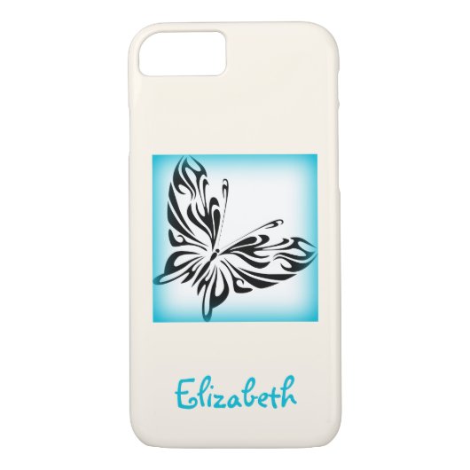 Zwarte vlinder met blauwe rand, speciaal aangepast Case-Mate iPhone case (Achterkant)