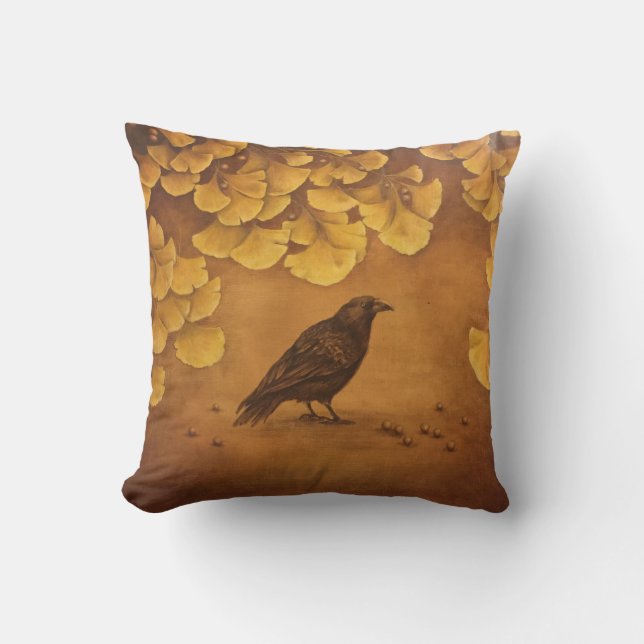 Zwarte vogel en gouden Ginkgo-bladeren Kussen (Voorkant)