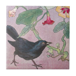 Zwarte vogel en Nasturtia Tegeltje