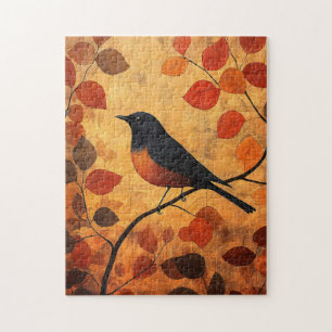 Zwarte Vogel Herfstbladeren Kunstwerk Legpuzzel