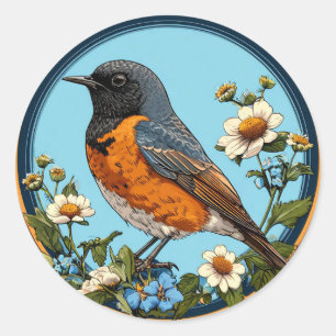 Zwarte Vogel Met Bloemen 🐦 Ronde Sticker
