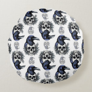 Zwarte vogel op een schedel Gothic Patroon Ontwerp Rond Kussen