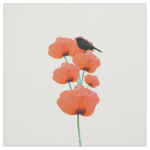 zwarte vogel oranje papaverbloemen stof