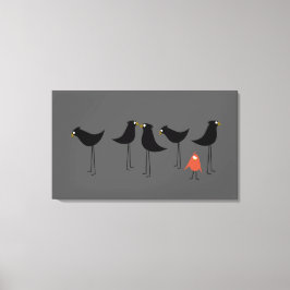 Zwarte-Vogelbezoeker, grijze achtergrond Canvas Afdruk
