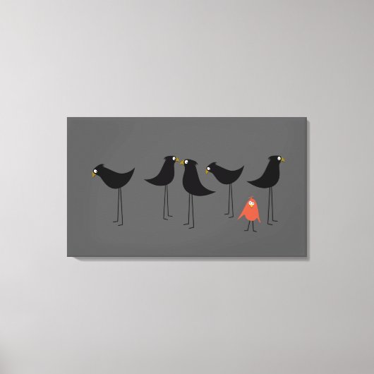 Zwarte-Vogelbezoeker, grijze achtergrond Canvas Afdruk (Voorkant)