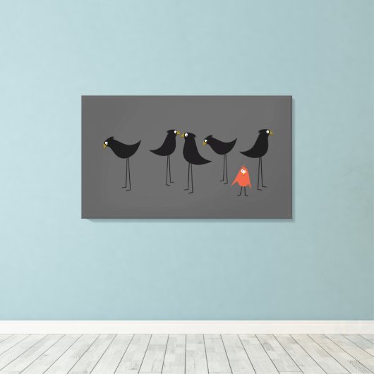 Zwarte-Vogelbezoeker, grijze achtergrond Canvas Afdruk (Insitu (Houten vloer))