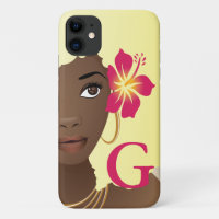 Zwarte vrouw, bloem in haar blonde afro, monogram