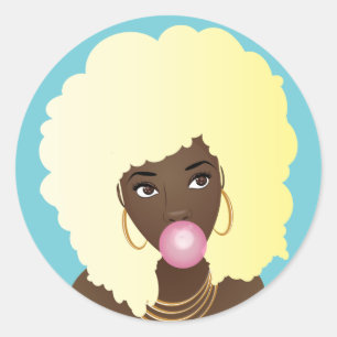 Zwarte Vrouw, Blond Afro, Popping Pink Bubblegum Ronde Sticker