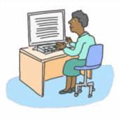 Zwarte vrouw die bij een computer sticker werkt (Voorkant)