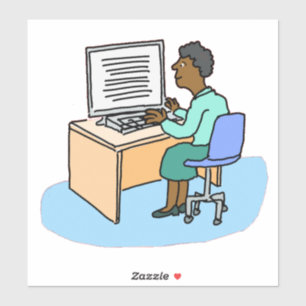 Zwarte vrouw die bij een computer sticker werkt