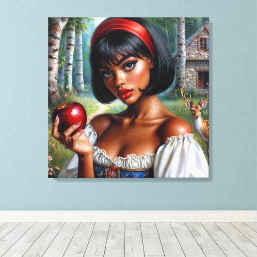 zwarte vrouw die rode appel vasthoudt canvas afdruk (Insitu (Houten vloer))