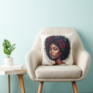 Zwarte vrouw donkere bloem Afro Kussen