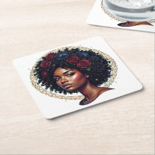 Zwarte vrouw donkere bloem Afro Vierkante Kartonnen Onderzetter