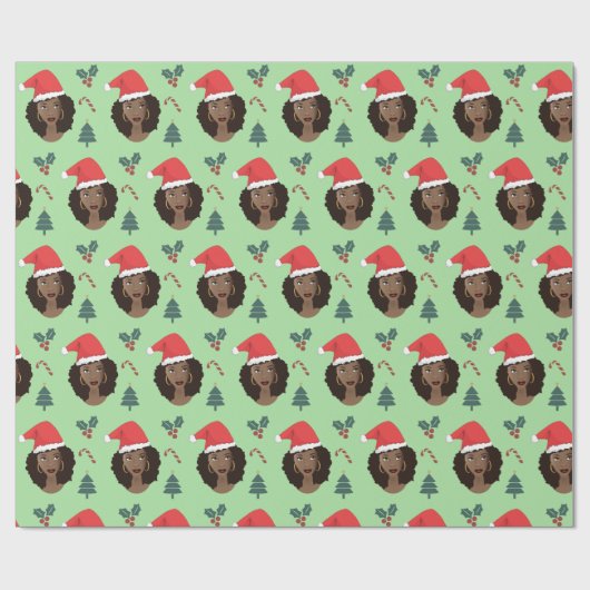Zwarte Vrouw, Kerstmanhoed, Kerstmispatroon Groen Cadeaupapier (Vlak)