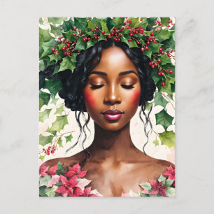 Zwarte Vrouw Kerstmis Holly Poinsettia Kunst Feestdagenkaart