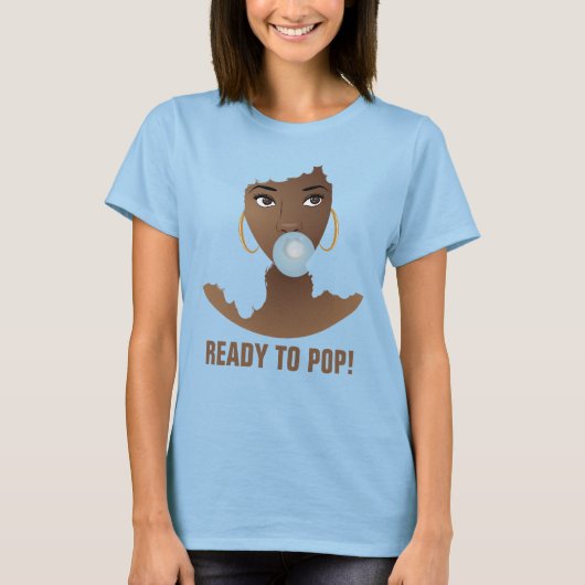 Zwarte Vrouw, klaar voor Pop, Blauw Bubblegum T-shirt (Voorkant)