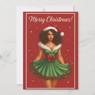 Zwarte vrouw Krullend haar Kerstman Schoonheid Feestdagenkaart