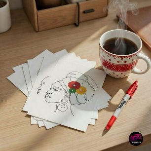 Zwarte vrouw lijnkunst hoofddoek bloemen briefkaart