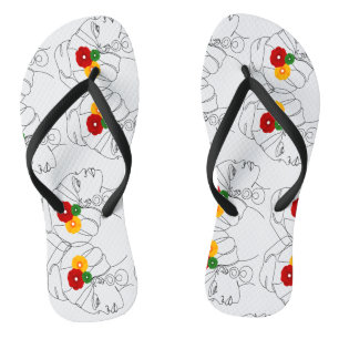 Zwarte vrouw lijnkunst Hoofddoek Bloemen Teenslippers