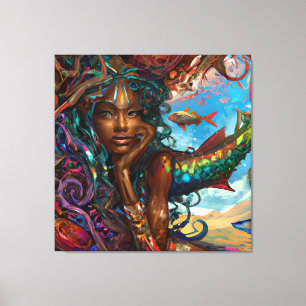 Zwarte vrouw Melanin Queen Brown Skin Sista Mermai Canvas Afdruk