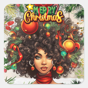 Zwarte Vrouw Melanine Kerstmis Afro Natuurlijke Ko Vierkante Sticker