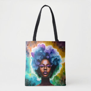 Zwarte vrouw met afro haar in bril Galaxy Art Draagtas