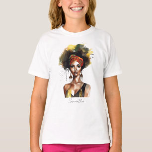 Zwarte vrouw met etnische hoofddoek t-shirt
