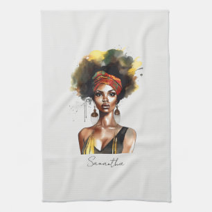 Zwarte vrouw met etnische hoofddoek theedoek