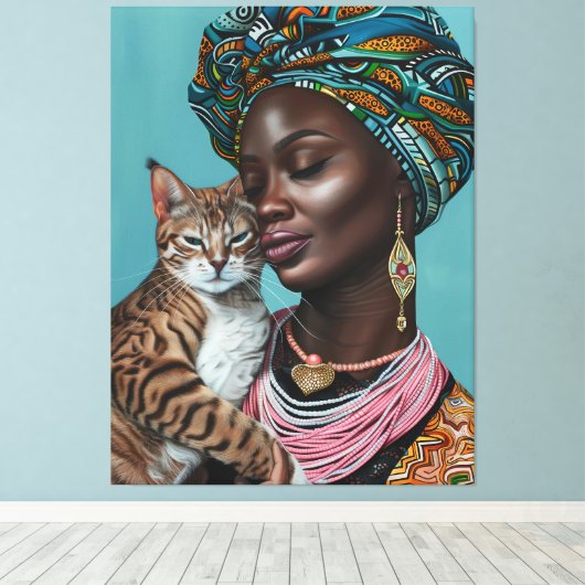 Zwarte vrouw met kat canvas afdruk (Insitu (Houten vloer))