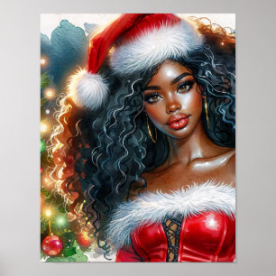 Zwarte vrouw met kerstboom in de rol van Kerstman Poster