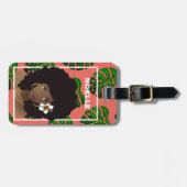 Zwarte vrouw met ventilator, tropische groene blad bagagelabel (Voorkant horizontaal)