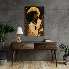 Zwarte vrouw met witte kat onder volle maan Poster