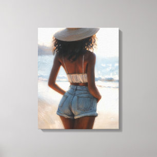 Zwarte vrouw op het strand met een zomerse Pet Canvas Afdruk