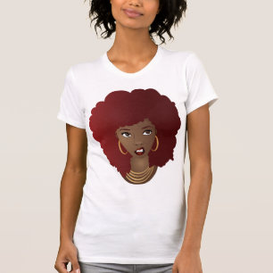zwarte vrouw, rode afro, geïrriteerde uitdrukking t-shirt