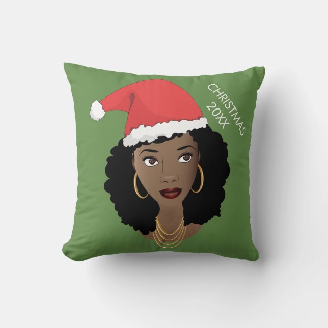Zwarte vrouw, rode kerstmuts, huidig jaar, groen kussen (Voorkant)