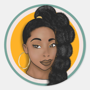 Zwarte vrouw, zon gloed, bladerponytail ronde sticker