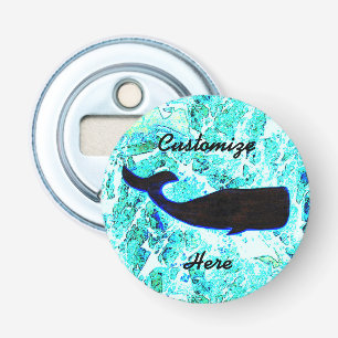 zwarte walvis op blauw button flesopener