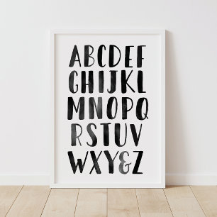 Zwarte Waterverf Alphabet ABC Nursery Decor Poster