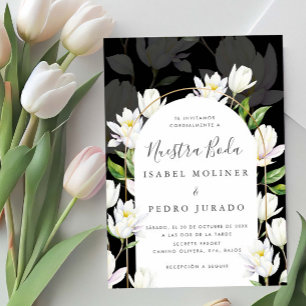 Zwarte Waterverf Botanische Nuestra Boda Bruiloft Kaart