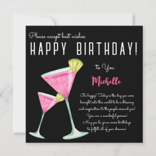 Zwarte Waterverf Cocktail happy birthday Kaart
