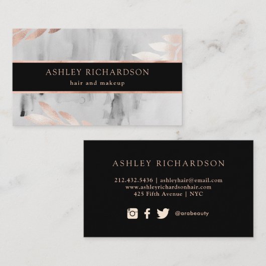 Zwarte Waterverf en Faux Roos Gold Leaves Visitekaartje (Voorkant / Achterkant)