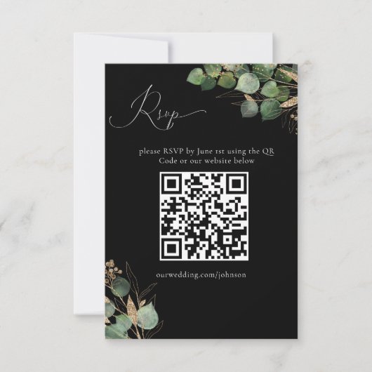 Zwarte Waterverf Eucalyptus QR Code Reactiekaart RSVP Kaartje (Voorkant)