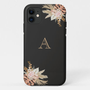 Zwarte Waterverf Floral Monogram roze bloemen iPhone 11 Hoesje