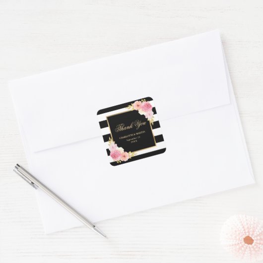 Zwarte Waterverf Floral Weddenschap Hartelijk dan Vierkante Sticker (Envelop)