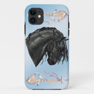 Zwarte Waterverf Friesian Horse op poederblauw iPhone 11 Hoesje