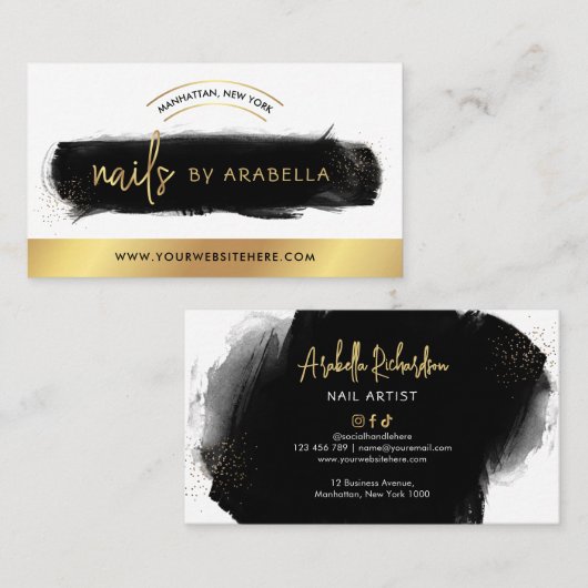 Zwarte Waterverf Gouden Glitter Manicure Nail Arti Visitekaartje (Voorkant / Achterkant)