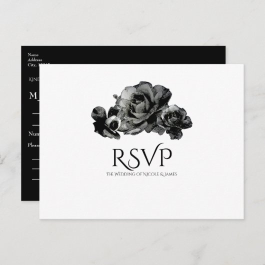 Zwarte Waterverf Rozen Elegant Wedding RSVP Uitnodiging Briefkaart (Voorkant / Achterkant)
